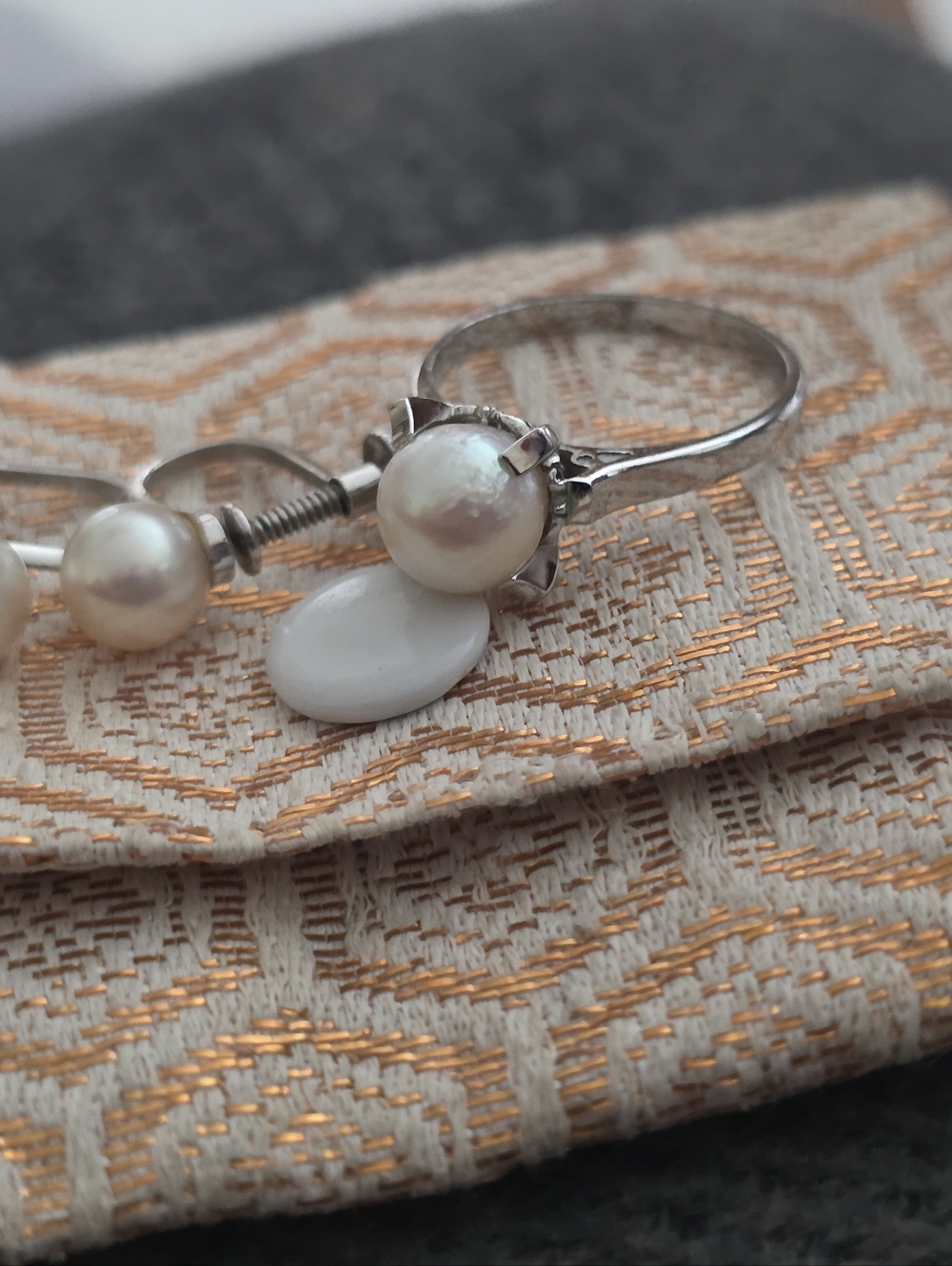 Pearl RING& CLIP EARRINGS Silver-Tone. Ring Size 5. SUNRAY TOKYO JAPAN